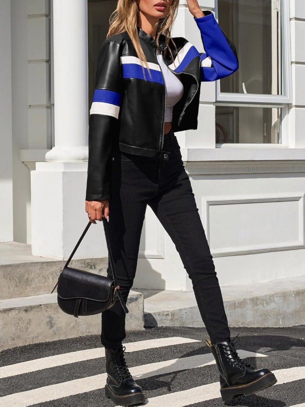 Women's Black Blue Polyester Faux Leather Color Vintage Racing Bomber Jacket - Picture 5 of 6